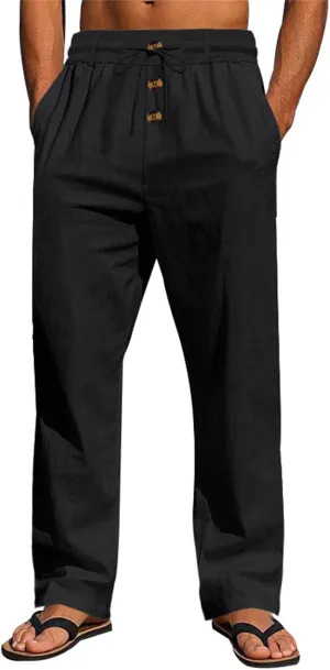 Casual Linen Pants Men Breathable Lightweight Summer Beach Pant Button and Drawstring Elastic Waist Trousers for Summer