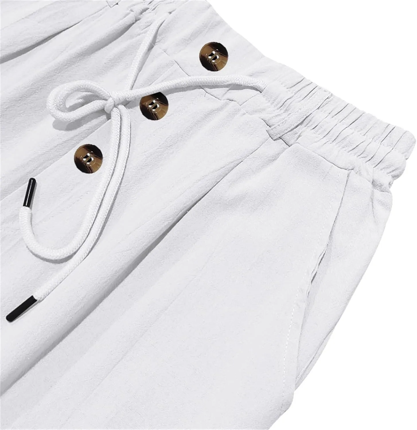 Casual Linen Pants Men Breathable Lightweight Summer Beach Pant Button and Drawstring Elastic Waist Trousers for Summer