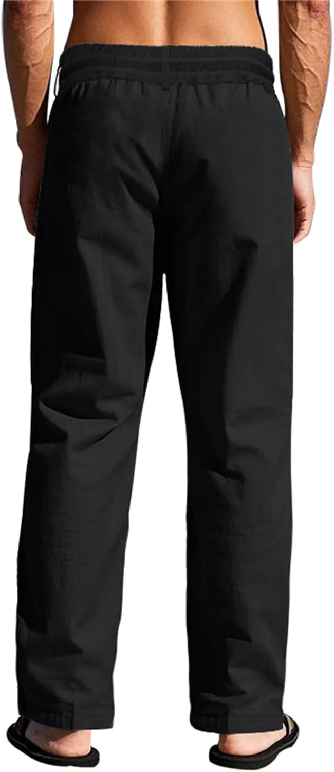 Casual Linen Pants Men Breathable Lightweight Summer Beach Pant Button and Drawstring Elastic Waist Trousers for Summer