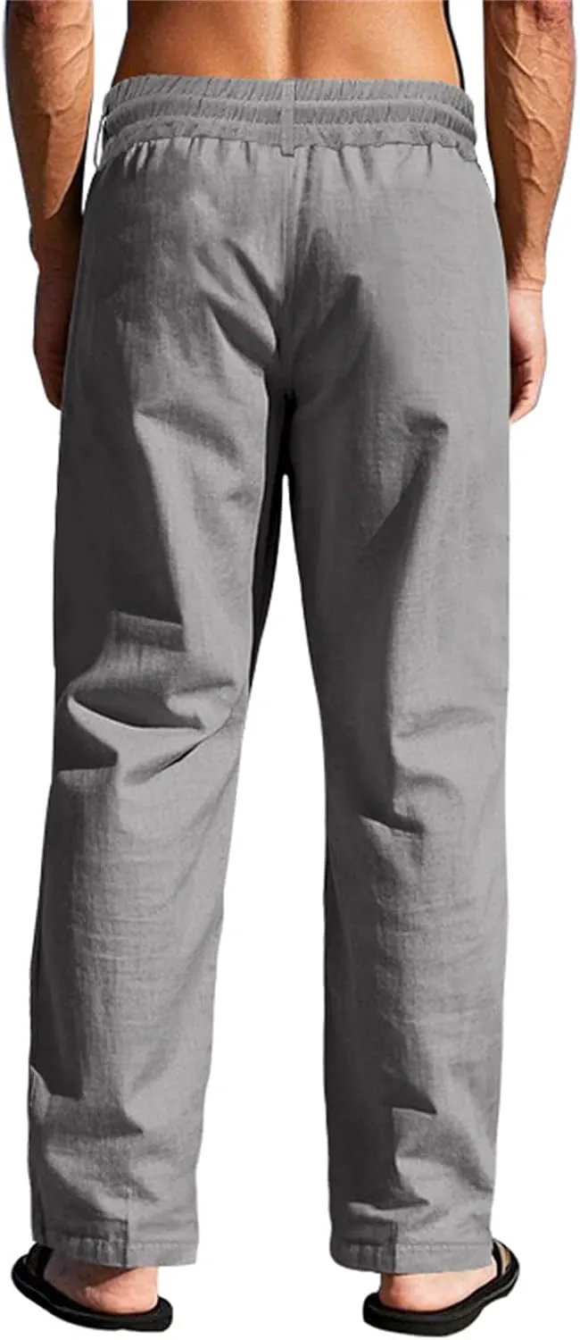 Casual Linen Pants Men Breathable Lightweight Summer Beach Pant Button and Drawstring Elastic Waist Trousers for Summer
