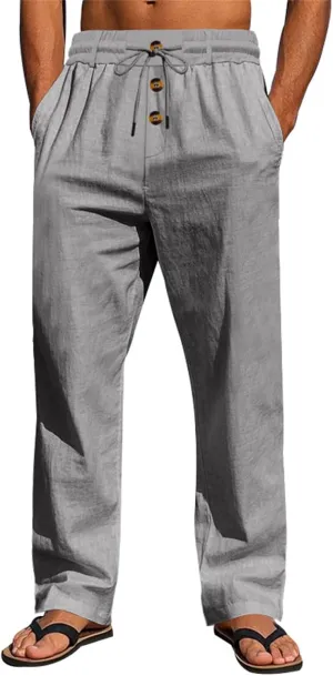 Casual Linen Pants Men Breathable Lightweight Summer Beach Pant Button and Drawstring Elastic Waist Trousers for Summer
