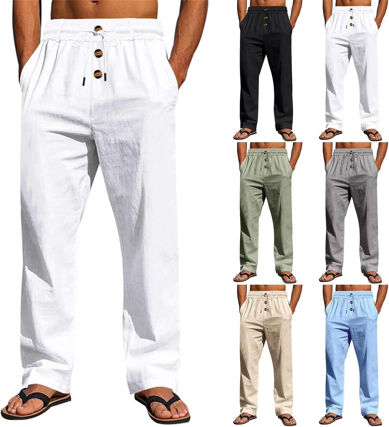 Casual Linen Pants Men Breathable Lightweight Summer Beach Pant Button and Drawstring Elastic Waist Trousers for Summer