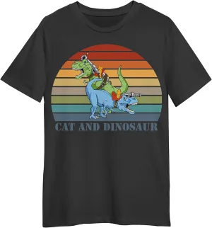Cat and Dinosaur Retro Sunset T-Shirt, Love Cat and Dinosaur Retro Sunset T-Shirt, Funny Cat and Dinosaur Retro Sunset T-Shirt, Gift Cat and Dinosaur Retro Sunset T-Shirt Black