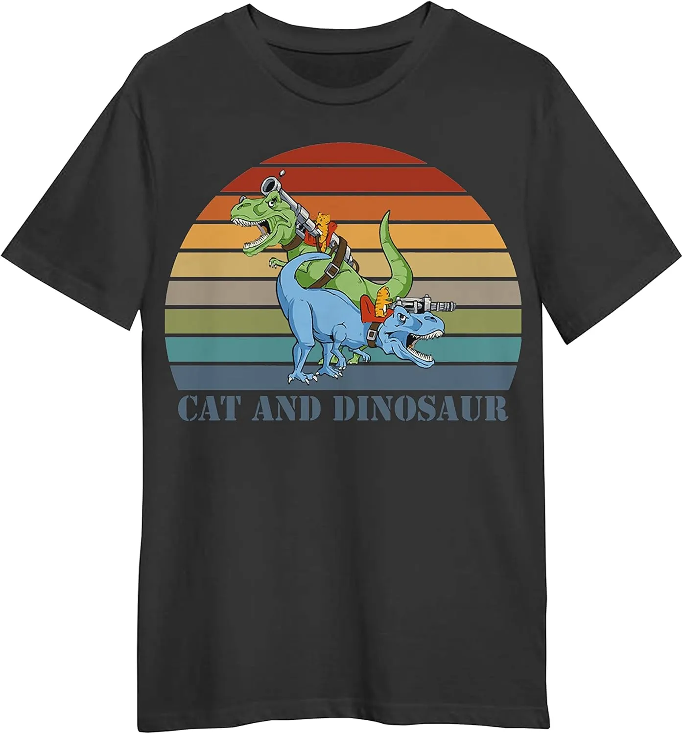 Cat and Dinosaur Retro Sunset T-Shirt, Love Cat and Dinosaur Retro Sunset T-Shirt, Funny Cat and Dinosaur Retro Sunset T-Shirt, Gift Cat and Dinosaur Retro Sunset T-Shirt Black