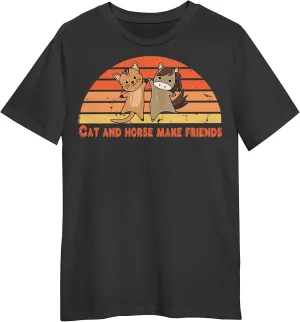 Cat and Horse Make Friends Retro Sunset T-Shirt, Funny Cat and Horse T-Shirt, Love Cat and Horse T-Shirt Black