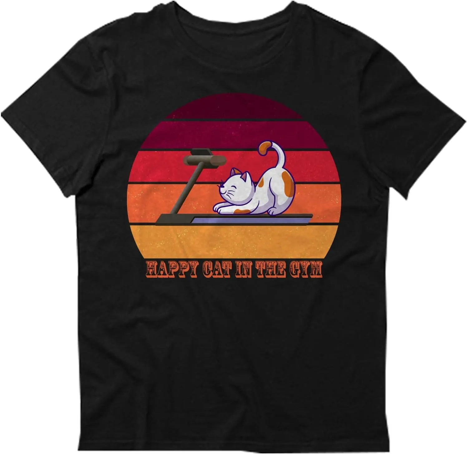 Cat Happy Cat in The Gym Retro Sunset T-Shirt, Funny Cat T-Shirt, Funny Gym T-Shirt Black
