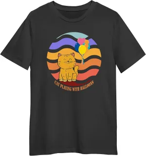 Cat Playing with Balloons Retro Sunset T-Shirt, Funny Cat T-Shirt Black