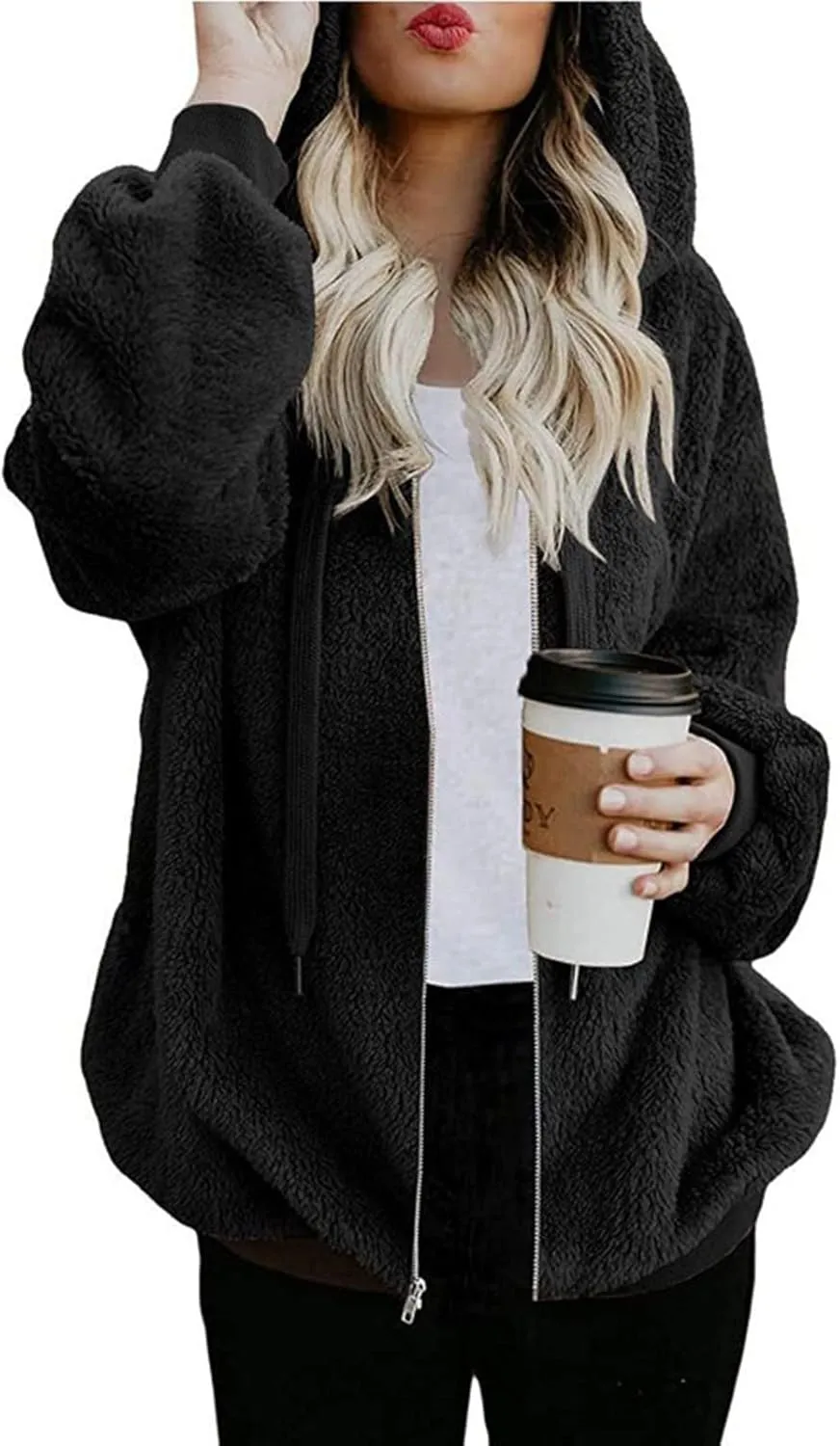 Cdiecer Fluffy Fleece Hoodies Womens Zip Up Sweatshirt Warm Hooded Jacket Oversized Sherpa Coat Outwear with Pockets