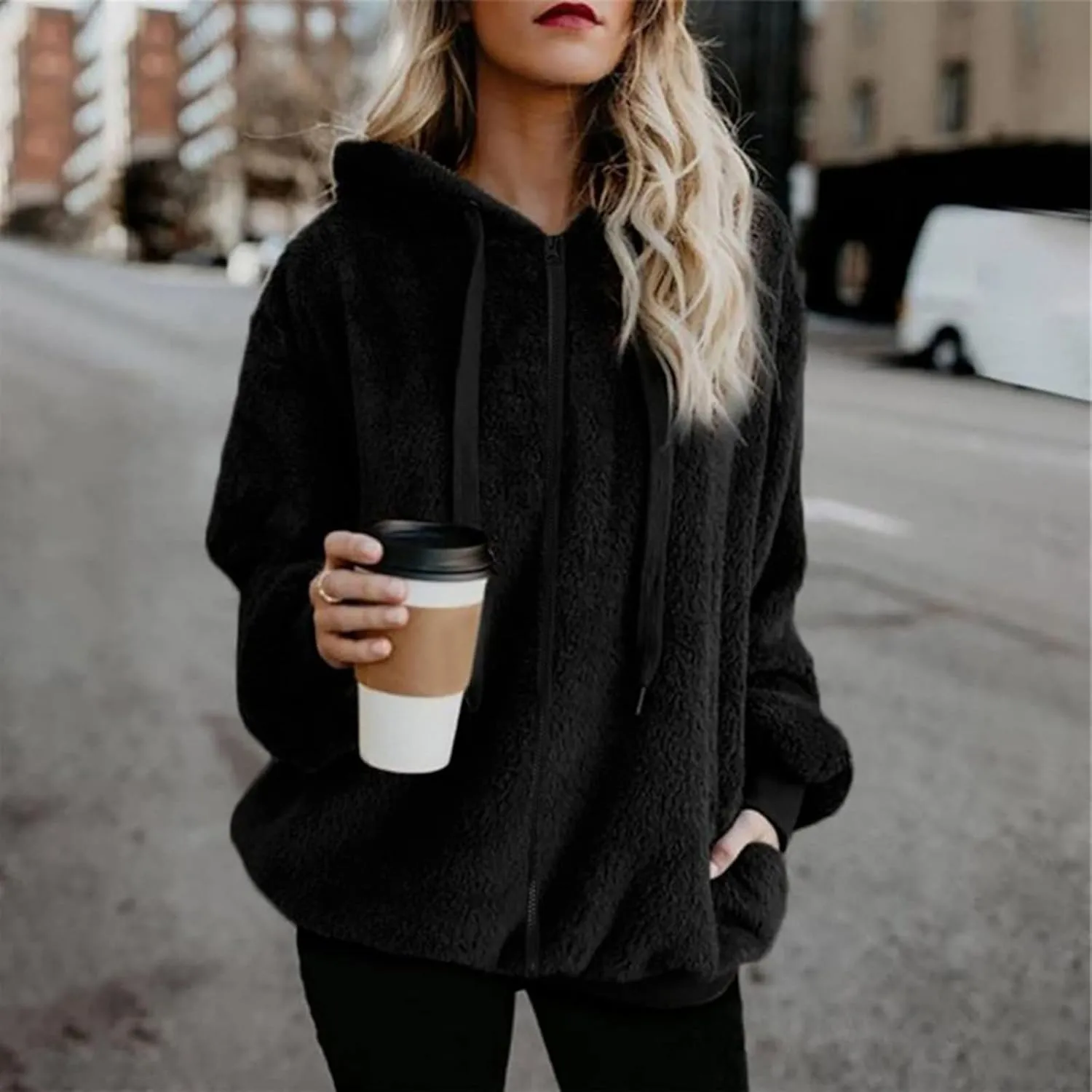 Cdiecer Fluffy Fleece Hoodies Womens Zip Up Sweatshirt Warm Hooded Jacket Oversized Sherpa Coat Outwear with Pockets