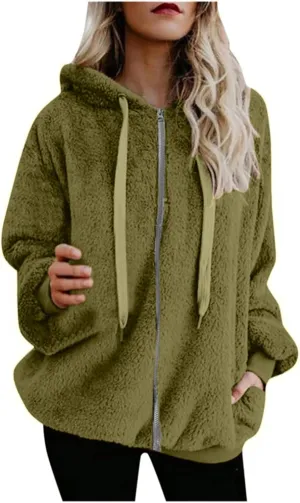 Cdiecer Fluffy Fleece Hoodies Womens Zip Up Sweatshirt Warm Hooded Jacket Oversized Sherpa Coat Outwear with Pockets