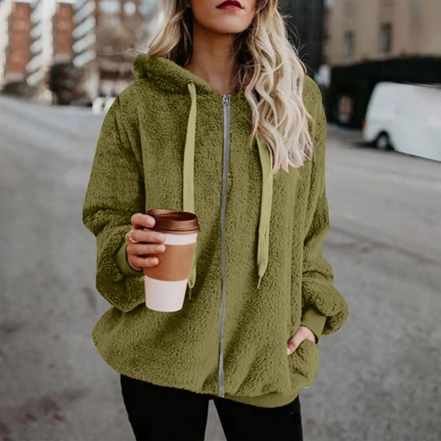 Cdiecer Fluffy Fleece Hoodies Womens Zip Up Sweatshirt Warm Hooded Jacket Oversized Sherpa Coat Outwear with Pockets