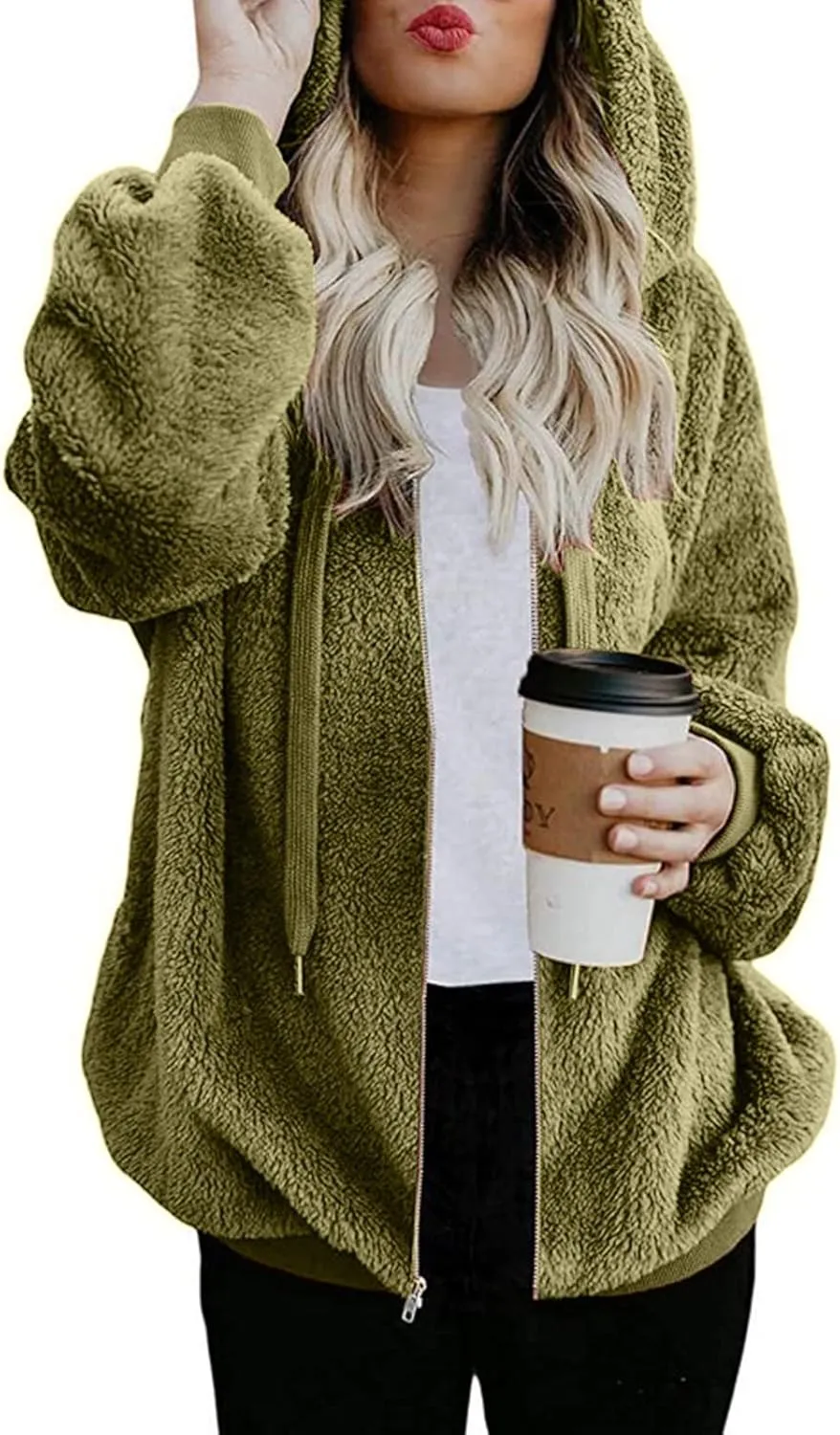 Cdiecer Fluffy Fleece Hoodies Womens Zip Up Sweatshirt Warm Hooded Jacket Oversized Sherpa Coat Outwear with Pockets