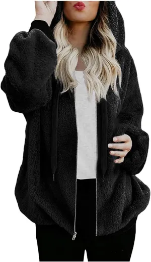 Cdiecer Fluffy Fleece Hoodies Womens Zip Up Sweatshirt Warm Hooded Jacket Oversized Sherpa Coat Outwear with Pockets