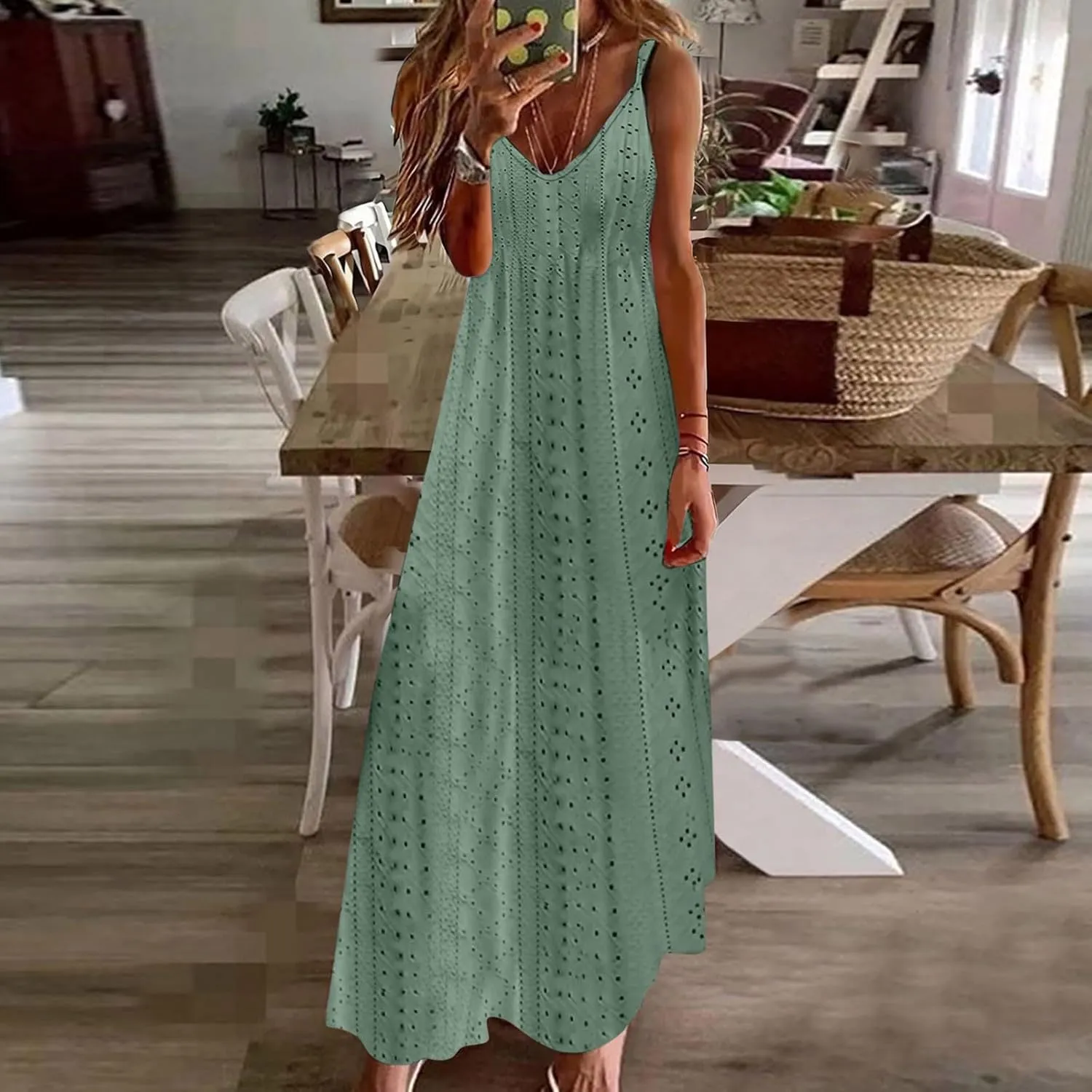 Ceboyel Womens Spaghetti Strap Eyelet Maxi Dress Summer Casual Vacation Dresses Boho Beach Sundresses Bohemian Outfits 2024