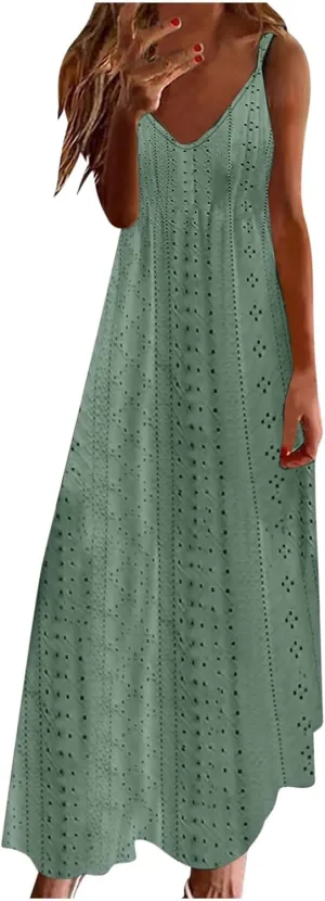 Ceboyel Womens Spaghetti Strap Eyelet Maxi Dress Summer Casual Vacation Dresses Boho Beach Sundresses Bohemian Outfits 2024
