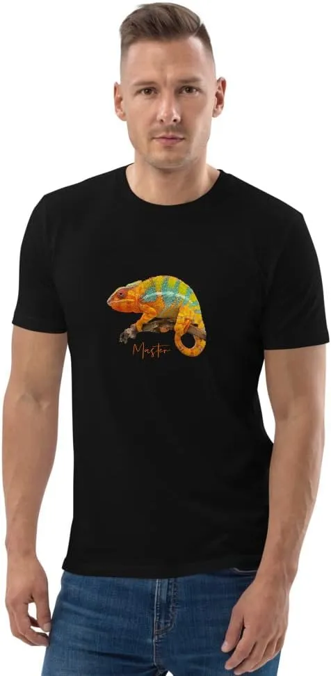 Chameleon Master Organic Cotton t-Shirt. Unisex t Shirt Available in Black and Blue.