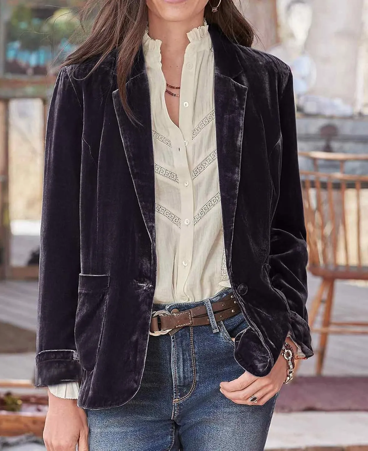 CHARTOU Casual 1 Button Velvet Jacket Women Velvet Cardigan Blazer Office Work Short Coat Suit Jacket with Pocket