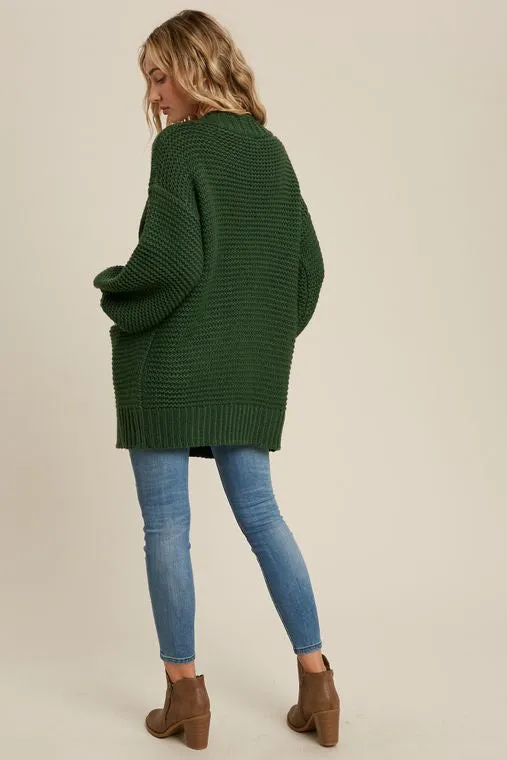 CHUNKY CABLE LANTERN SLEEVE CARDIGAN