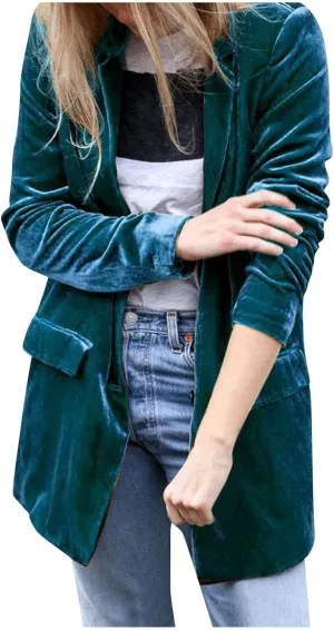 cooki Velvet Blazer Jackets for Women Velvet Trench Coat Open Front Cardigan with Pockets Long Lapel Winter Velvet Soft Coat