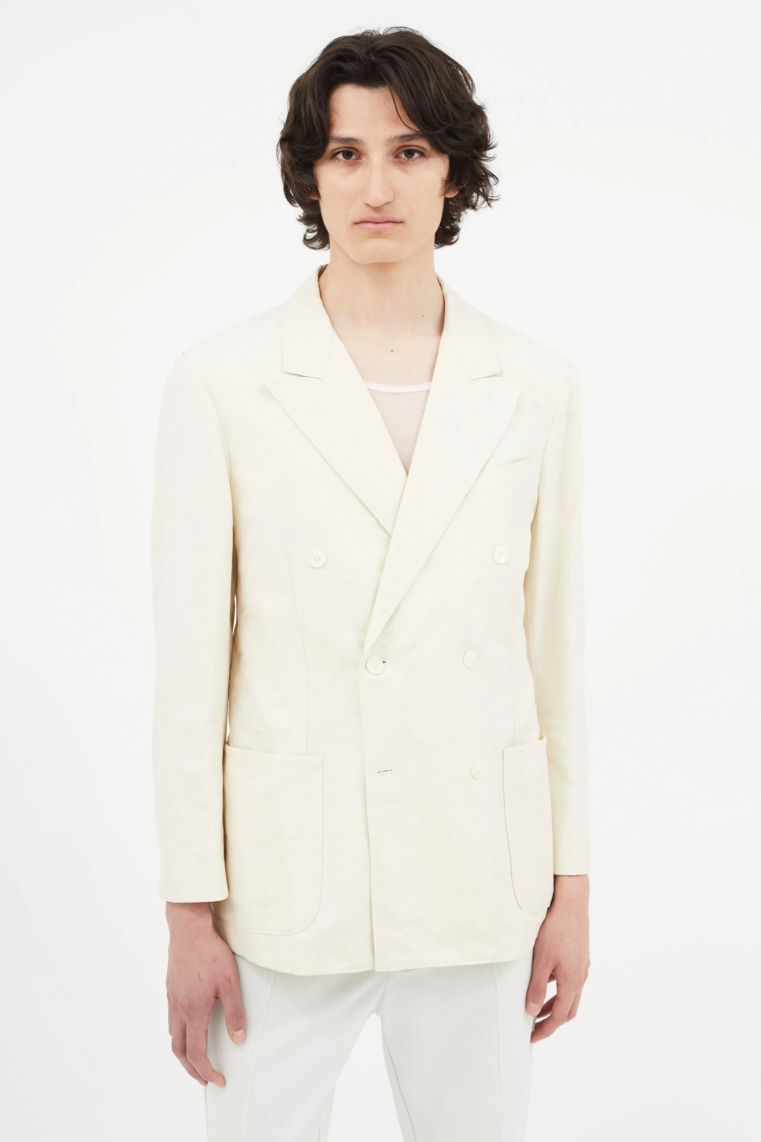 Cream Linen Double Breasted Blazer