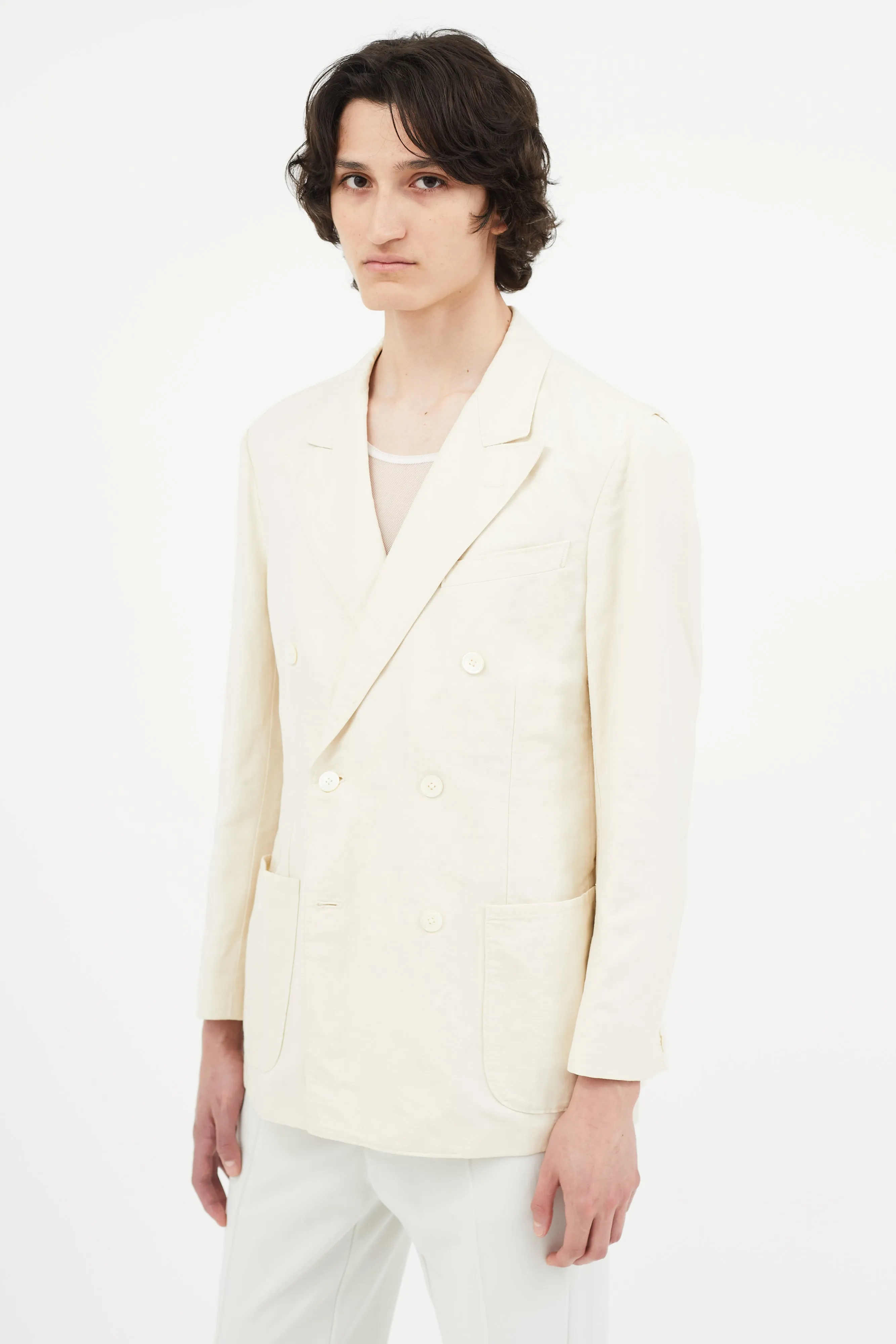 Cream Linen Double Breasted Blazer