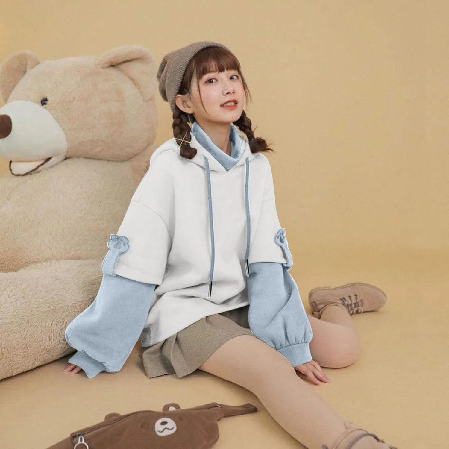 Cute Brown Bear Hoodie for Women Teen Girls Long Sleeve Kawaii Sweatshirts Patchwork Shirt with Cute Personality Bag
