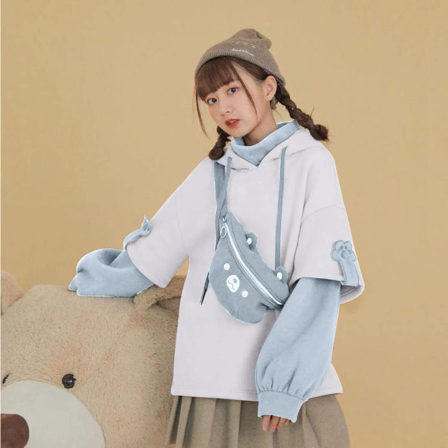 Cute Brown Bear Hoodie for Women Teen Girls Long Sleeve Kawaii Sweatshirts Patchwork Shirt with Cute Personality Bag
