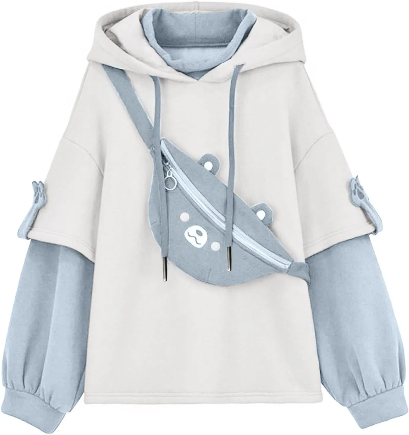 Cute Brown Bear Hoodie for Women Teen Girls Long Sleeve Kawaii Sweatshirts Patchwork Shirt with Cute Personality Bag