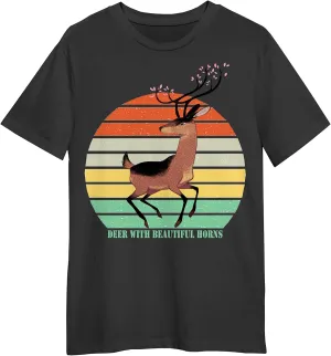Deer with Beautiful Horns Retro Sunset T-Shirt, Funny Deer T-Shirt, Gift Deer T-Shirt Black