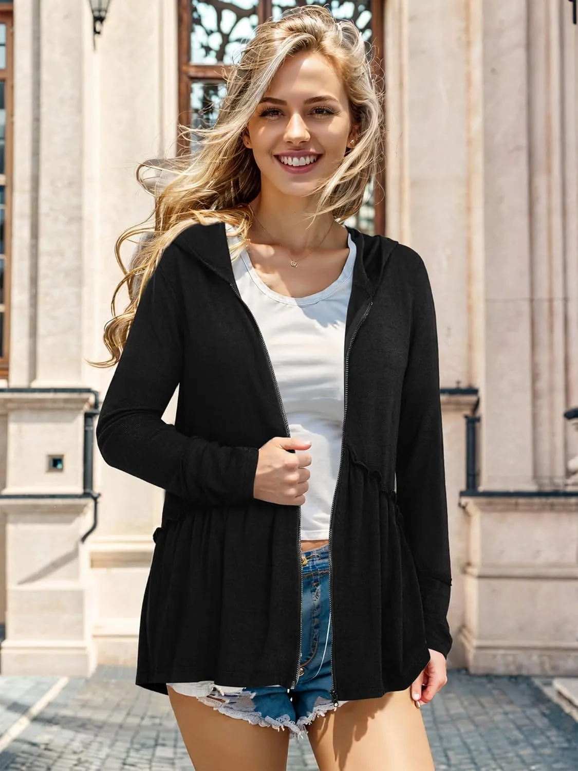DEESHA Full Zip Up Hoodie for Women Pleated Tiered Ruffle Hooded Sweatshirts Jacket Coat Long Sleeve