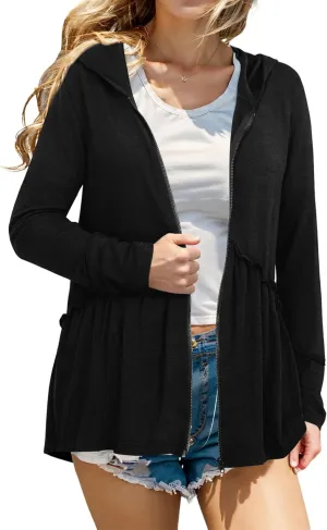 DEESHA Full Zip Up Hoodie for Women Pleated Tiered Ruffle Hooded Sweatshirts Jacket Coat Long Sleeve