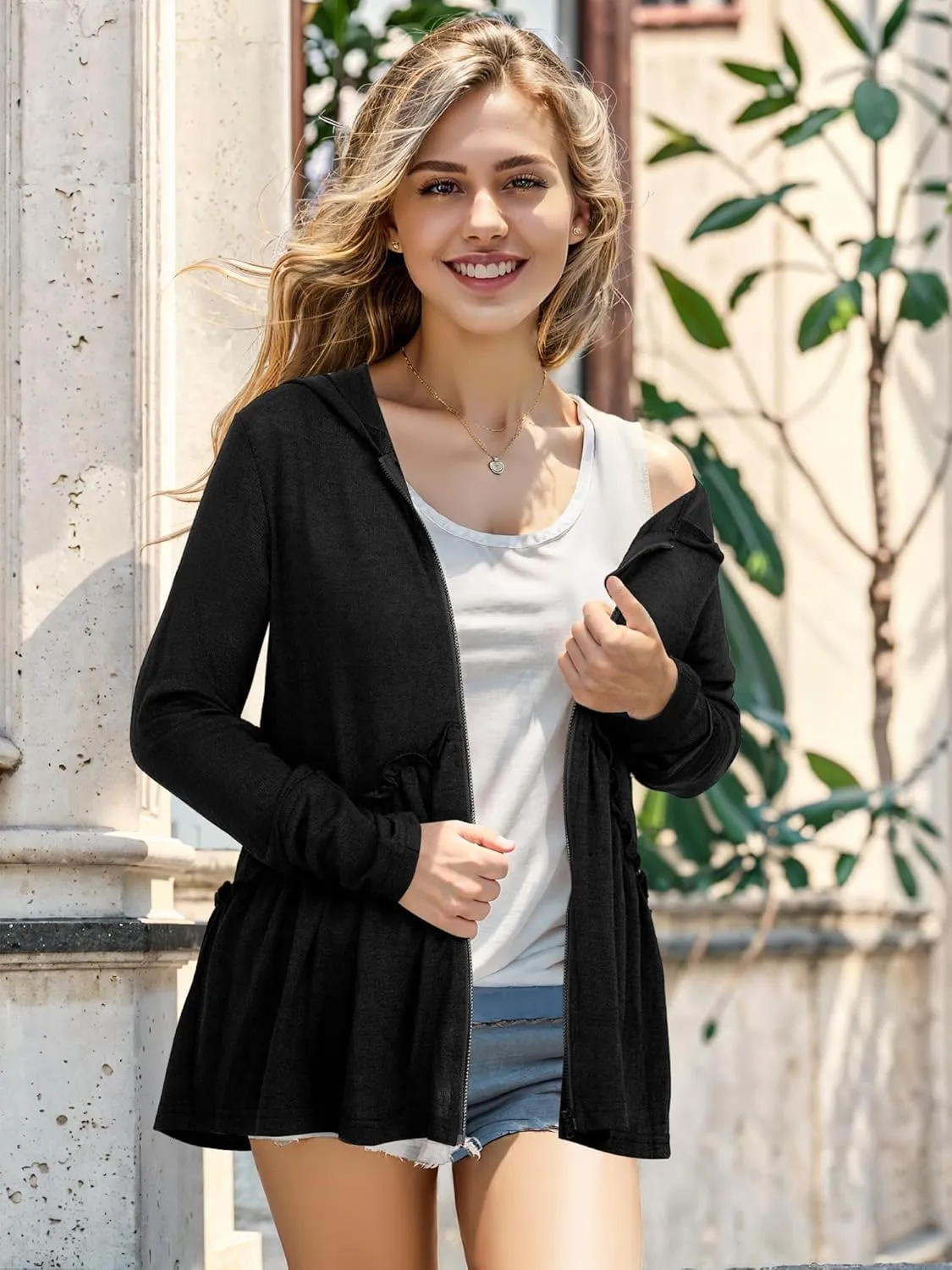 DEESHA Full Zip Up Hoodie for Women Pleated Tiered Ruffle Hooded Sweatshirts Jacket Coat Long Sleeve