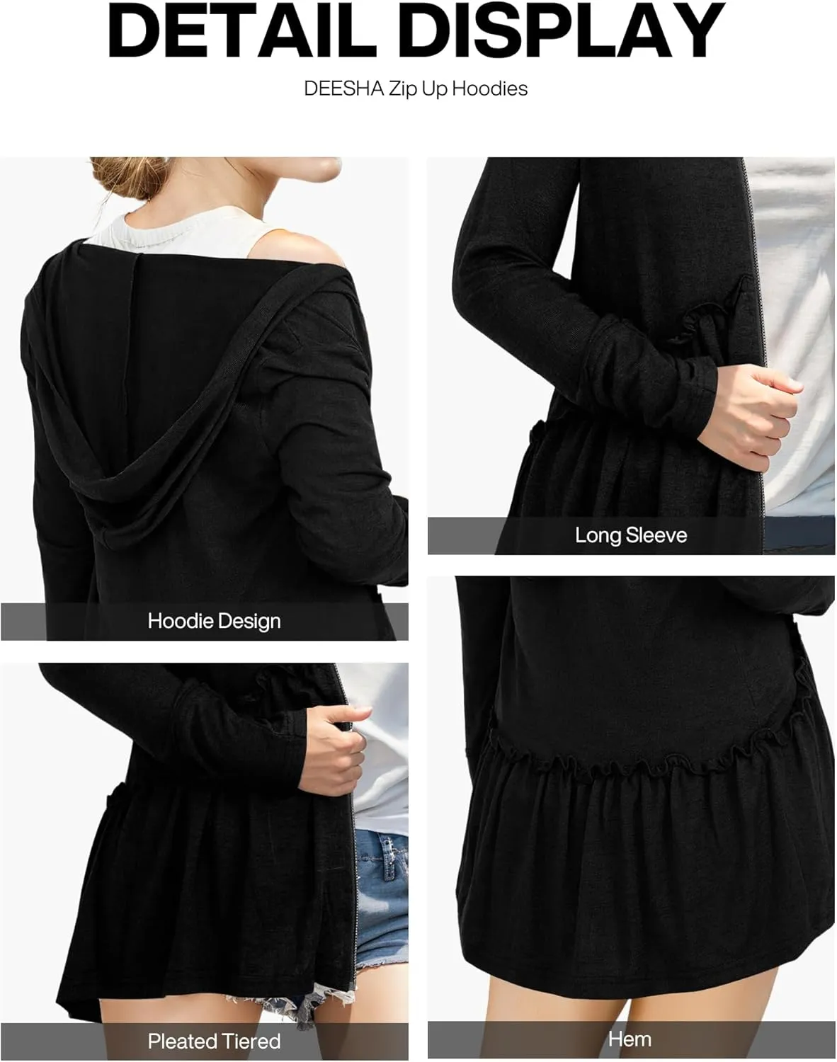 DEESHA Full Zip Up Hoodie for Women Pleated Tiered Ruffle Hooded Sweatshirts Jacket Coat Long Sleeve