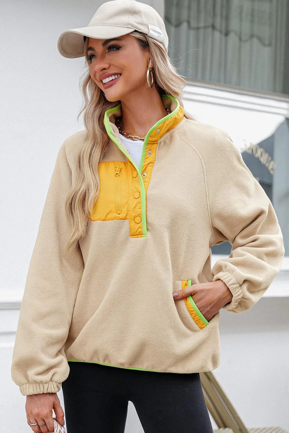 Dokotoo Sweatshirt for Women Oversized Fuzzy Fleece Jacket Color Block Button Long Sleeve Pullover Sherpa Sweatshirts Tops