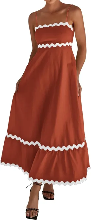 dowerme Women Summer Dresses 2025 Spaghetti Straps Sleeveless Smocked Rickrack Trim Boho Flowy Loose A-Line Midi Dress