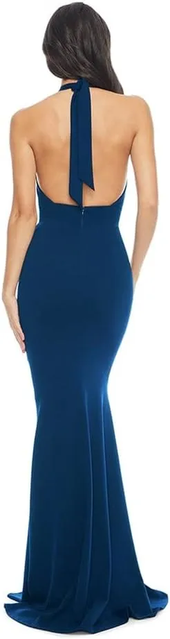Dress the Population Women's Camden Deep Plunge Neckline Halter Bodycon Maxi Dress