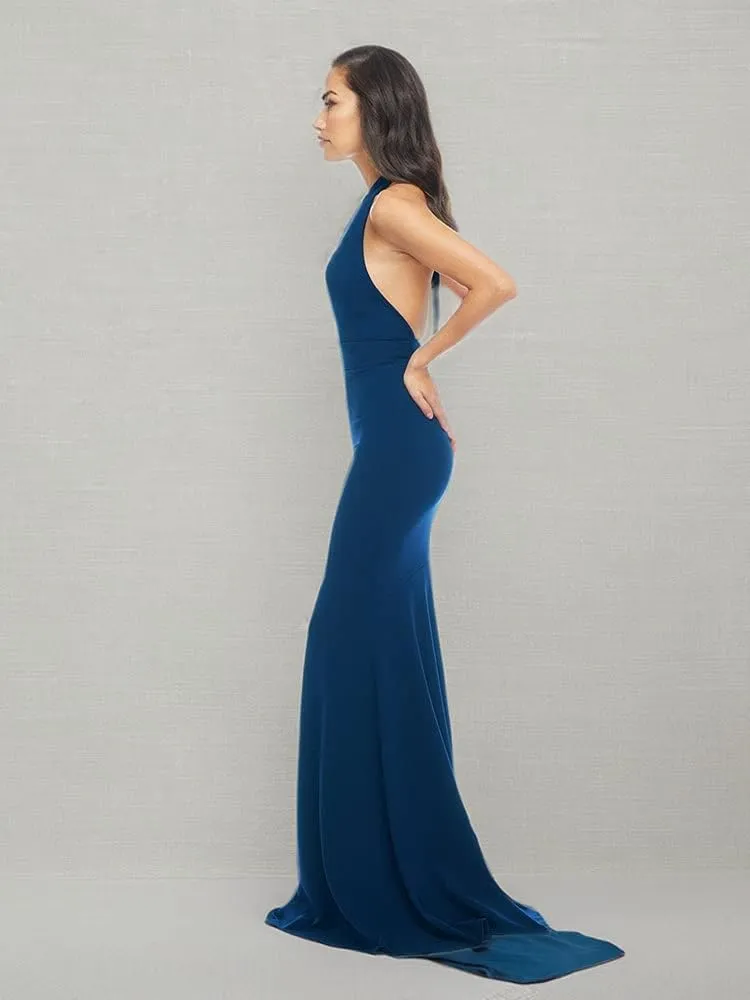 Dress the Population Women's Camden Deep Plunge Neckline Halter Bodycon Maxi Dress