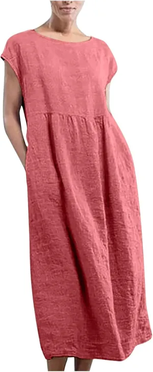 Dresses for Women 2025 Summer Plus Size Cotton Linen Solid Dress Crew Neck Loose Casual Beach Vacation Midi Dress