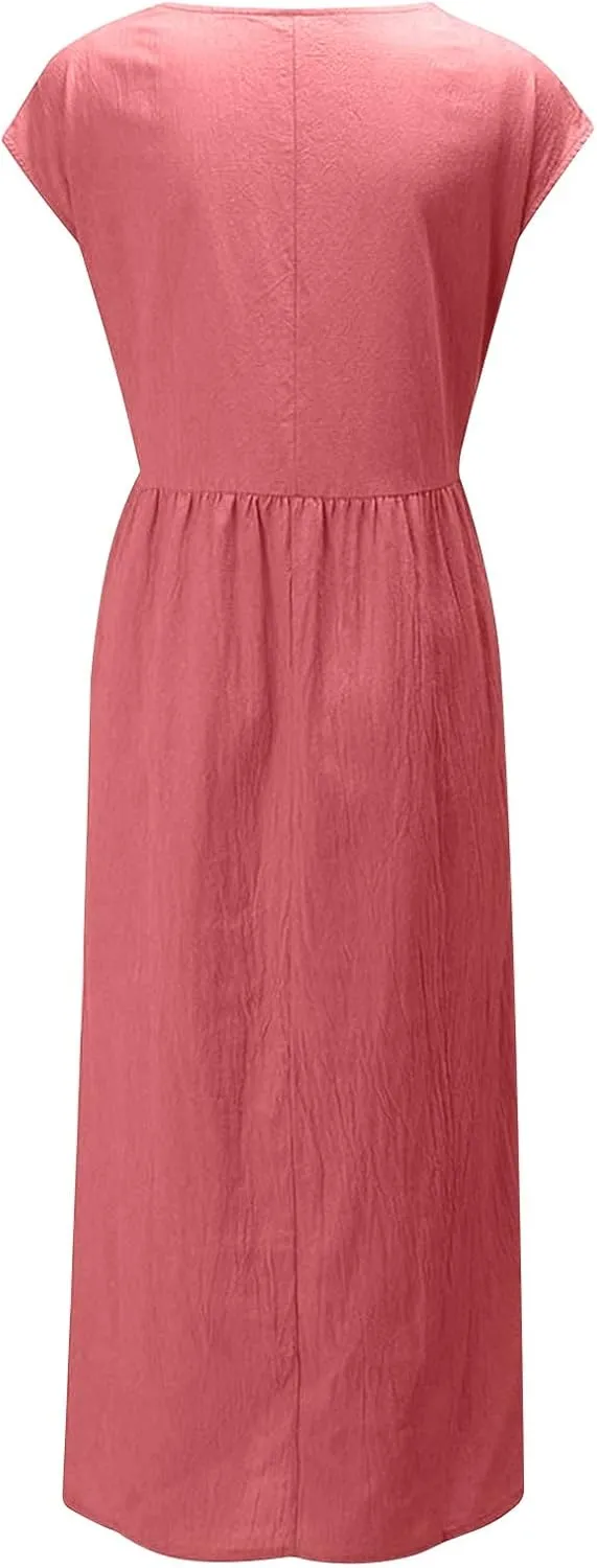 Dresses for Women 2025 Summer Plus Size Cotton Linen Solid Dress Crew Neck Loose Casual Beach Vacation Midi Dress