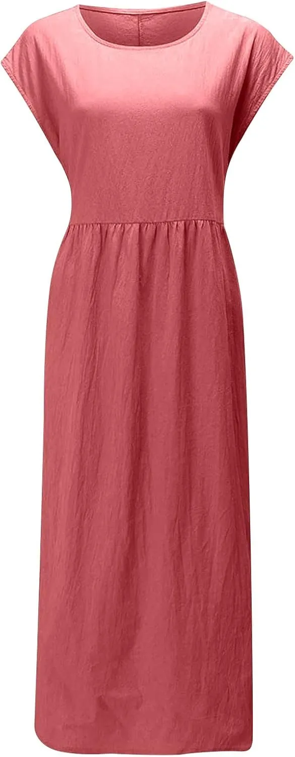 Dresses for Women 2025 Summer Plus Size Cotton Linen Solid Dress Crew Neck Loose Casual Beach Vacation Midi Dress