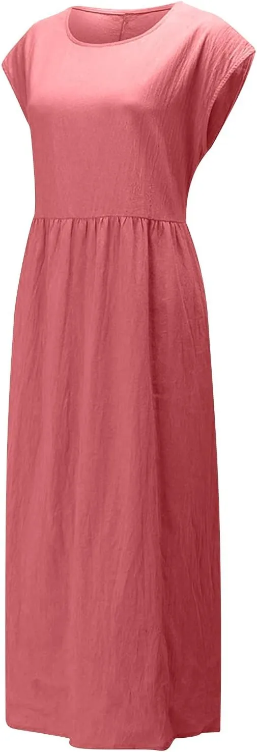 Dresses for Women 2025 Summer Plus Size Cotton Linen Solid Dress Crew Neck Loose Casual Beach Vacation Midi Dress