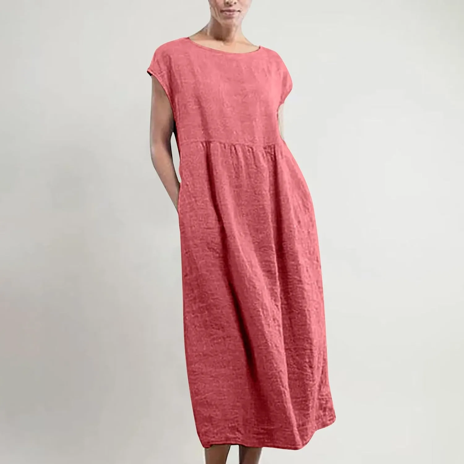 Dresses for Women 2025 Summer Plus Size Cotton Linen Solid Dress Crew Neck Loose Casual Beach Vacation Midi Dress