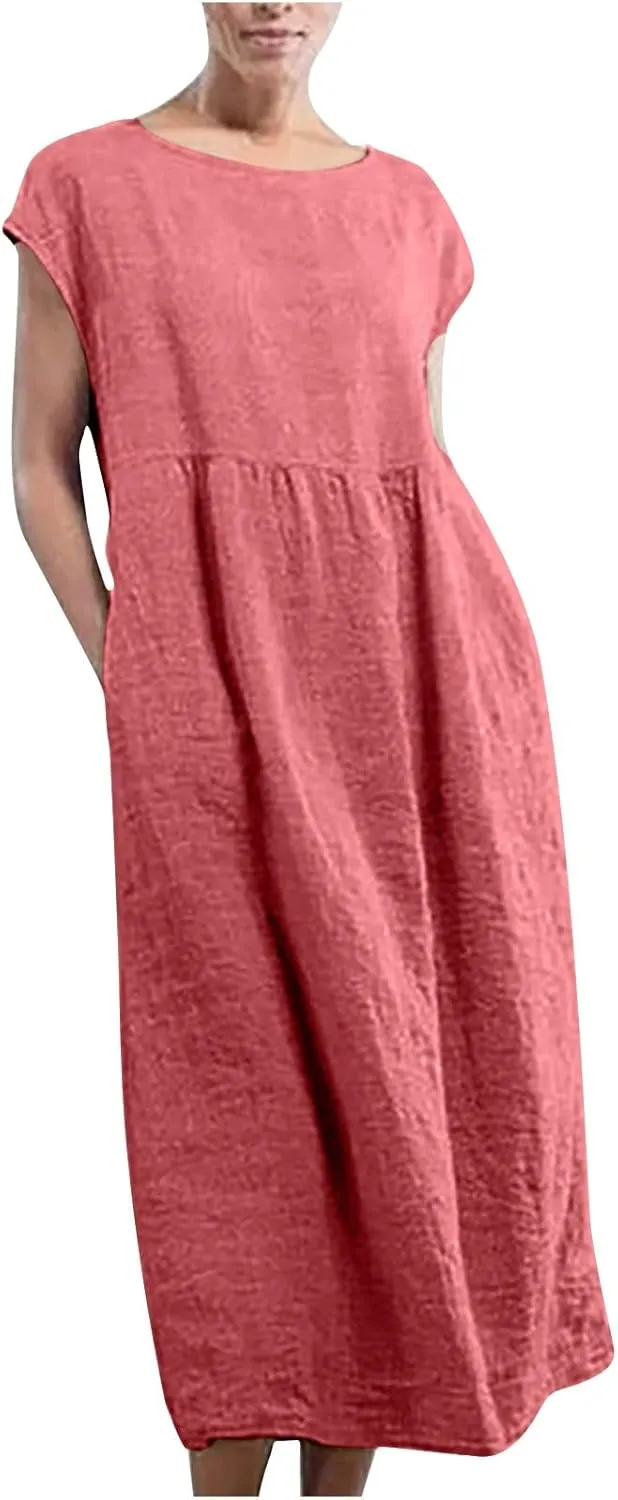 Dresses for Women 2025 Summer Plus Size Cotton Linen Solid Dress Crew Neck Loose Casual Beach Vacation Midi Dress