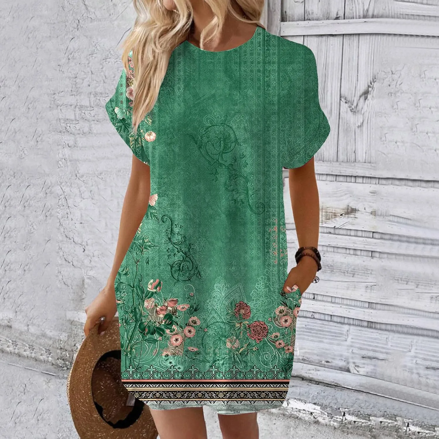 Dresses Women Summer Short Sleeve Crew Neck Floral Print Midi Dress Casual Beach Sun Dresses Plus Size Flowy Dress