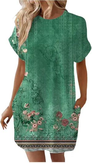 Dresses Women Summer Short Sleeve Crew Neck Floral Print Midi Dress Casual Beach Sun Dresses Plus Size Flowy Dress