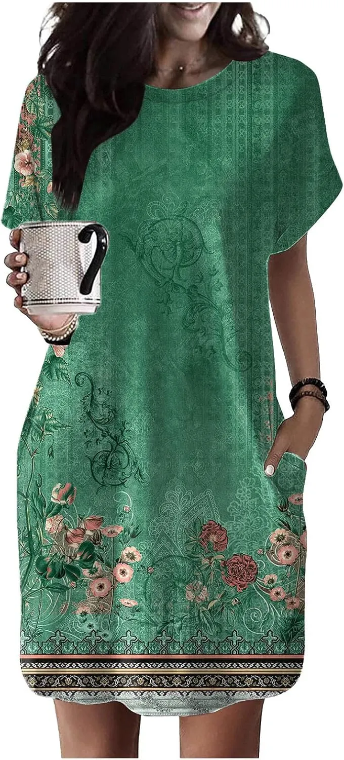 Dresses Women Summer Short Sleeve Crew Neck Floral Print Midi Dress Casual Beach Sun Dresses Plus Size Flowy Dress