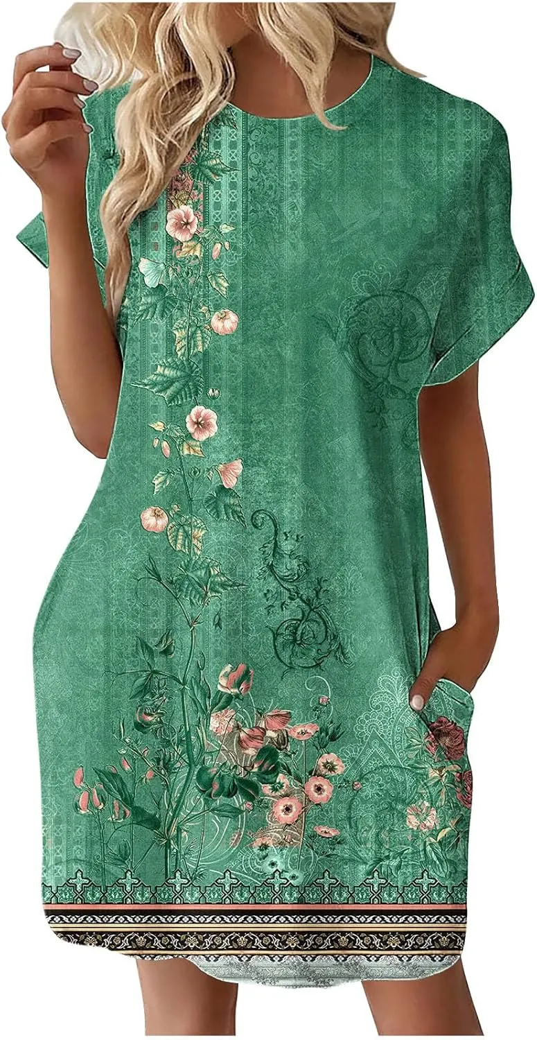 Dresses Women Summer Short Sleeve Crew Neck Floral Print Midi Dress Casual Beach Sun Dresses Plus Size Flowy Dress