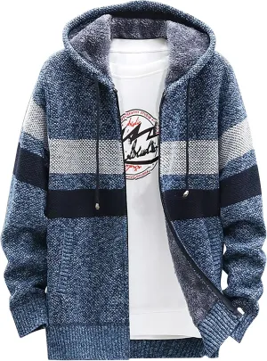 DuDubaby Fleece Lined Hoodie for Men Fall and Winter Casual Sweater Jacket Warm Knit Sweater Hooded Hoodie