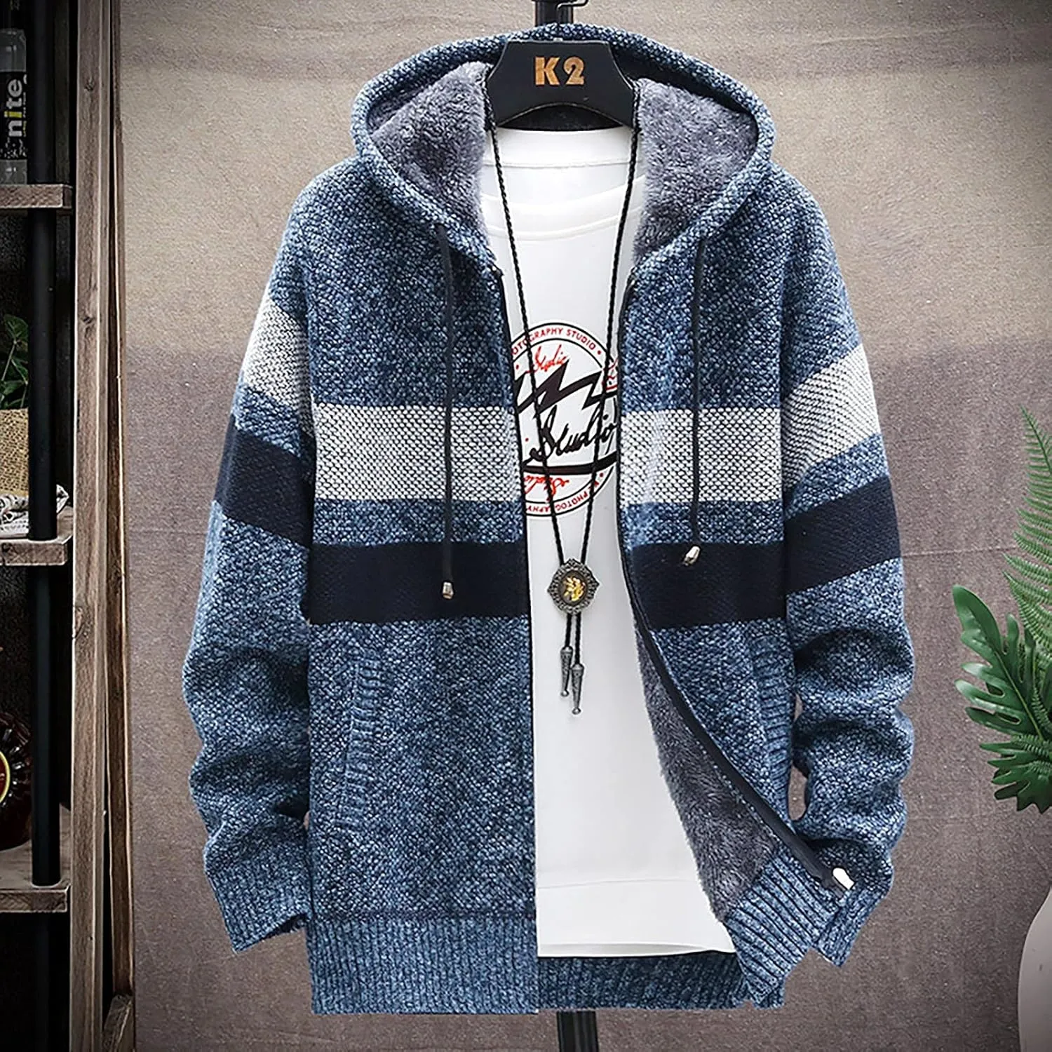 DuDubaby Fleece Lined Hoodie for Men Fall and Winter Casual Sweater Jacket Warm Knit Sweater Hooded Hoodie