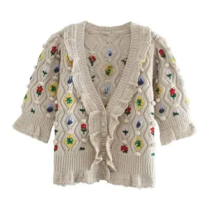 Embroidered Chunky Cable Knit Cardigan
